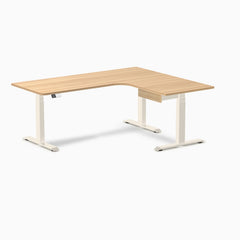 Desky L-Shape Melamine Standing Desk With Drawer, Sublime Teak desktop, Wheat frame