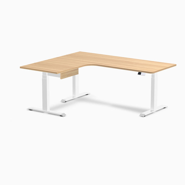 Desky L-Shape Melamine Standing Desk With Drawer, Sublime Teak desktop, White frame