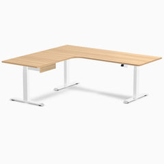 Desky L-Shape Melamine Standing Desk With Drawer, Sublime Teak desktop, White frame