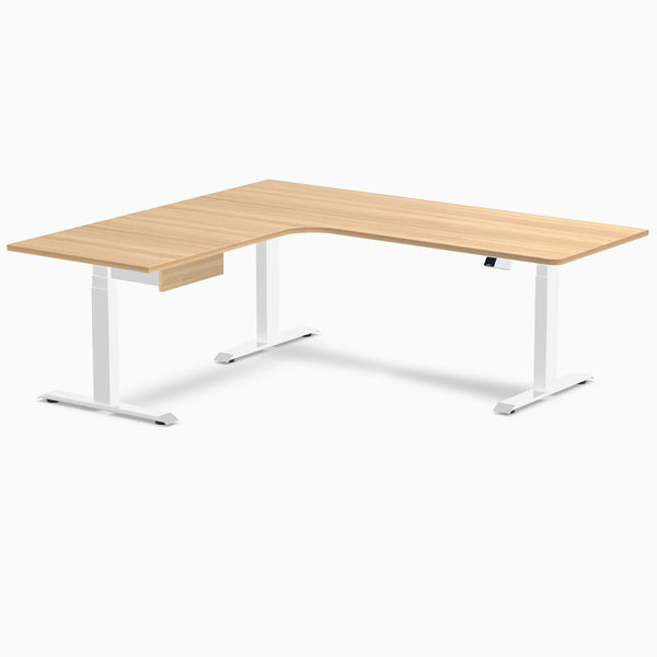 Desky L-Shape Melamine Standing Desk With Drawer, Sublime Teak desktop, White frame