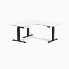 Desky L-Shape Melamine Standing Desk With Drawer, White desktop, Matte Black frame