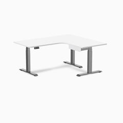 Desky L-Shape Melamine Standing Desk With Drawer, White desktop, Space Grey frame