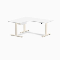 Desky L-Shape Melamine Standing Desk With Drawer, White desktop, Wheat frame