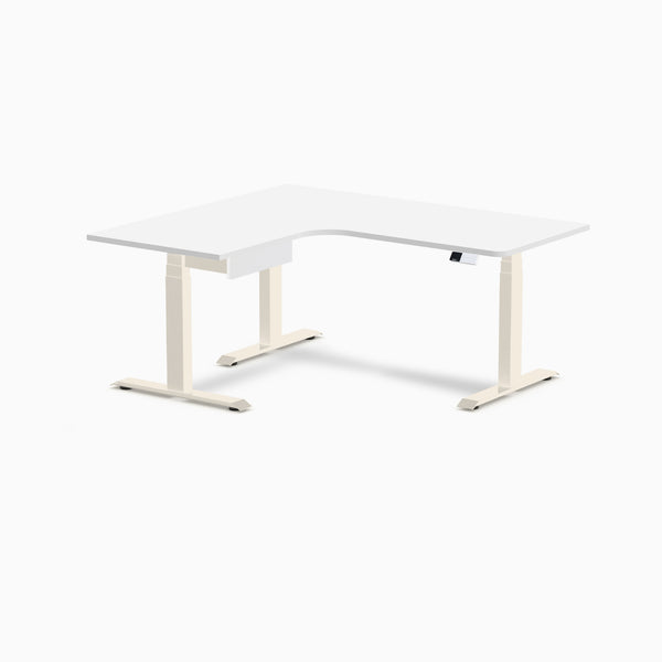 Desky L-Shape Melamine Standing Desk With Drawer, White desktop, Wheat frame
