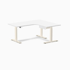 Desky L-Shape Melamine Standing Desk With Drawer, White desktop, Wheat frame