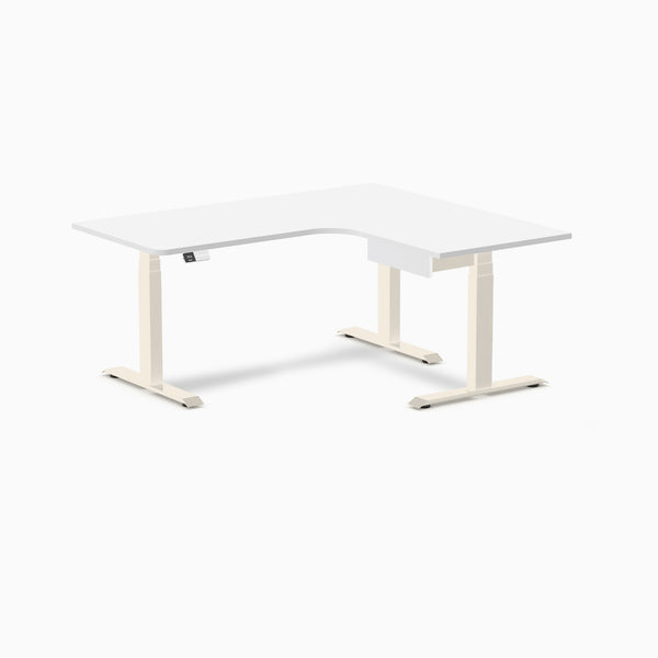 Desky L-Shape Melamine Standing Desk With Drawer, White desktop, Wheat frame