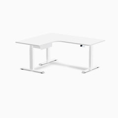 Desky L-Shape Melamine Standing Desk With Drawer, White desktop, White frame
