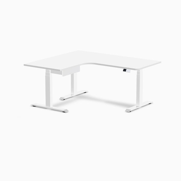 Desky L-Shape Melamine Standing Desk With Drawer, White desktop, White frame