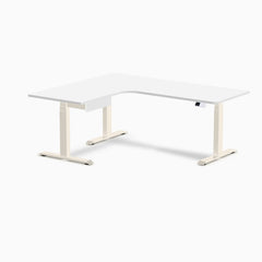Desky L-Shape Melamine Standing Desk With Drawer, White desktop, Wheat frame