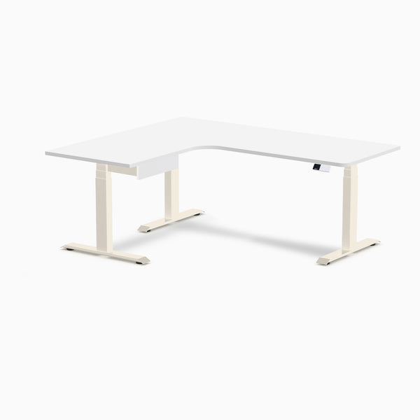 Desky L-Shape Melamine Standing Desk With Drawer, White desktop, Wheat frame