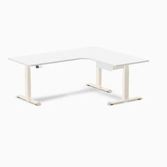 Desky L-Shape Melamine Standing Desk With Drawer, White desktop, Wheat frame
