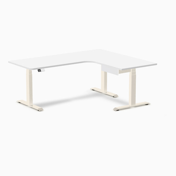 Desky L-Shape Melamine Standing Desk With Drawer, White desktop, Wheat frame