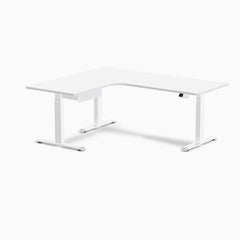 Desky L-Shape Melamine Standing Desk With Drawer, White desktop, White frame