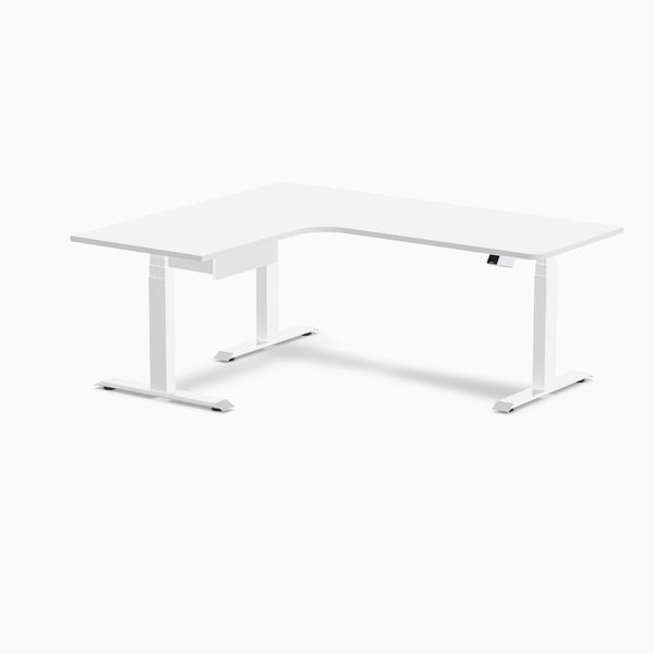 Desky L-Shape Melamine Standing Desk With Drawer, White desktop, White frame