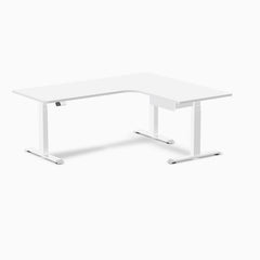 Desky L-Shape Melamine Standing Desk With Drawer, White desktop, White frame