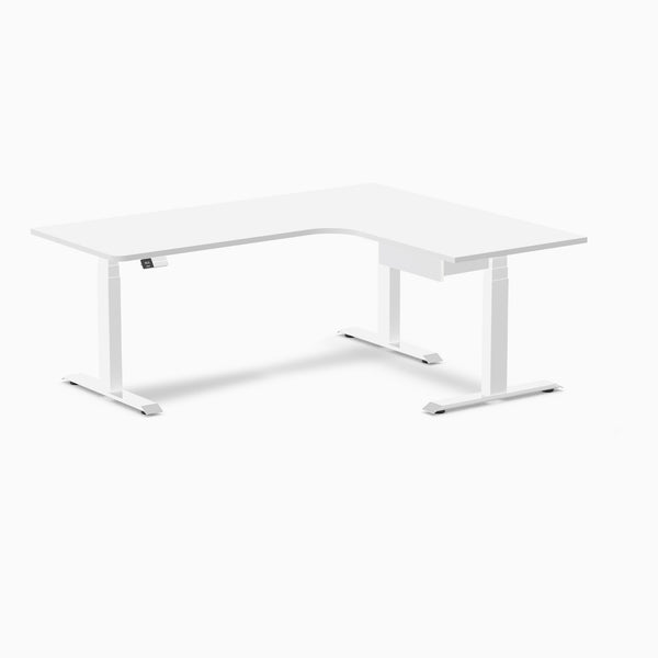 Desky L-Shape Melamine Standing Desk With Drawer, White desktop, White frame