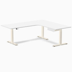 Desky L-Shape Melamine Standing Desk With Drawer, White desktop, Wheat frame
