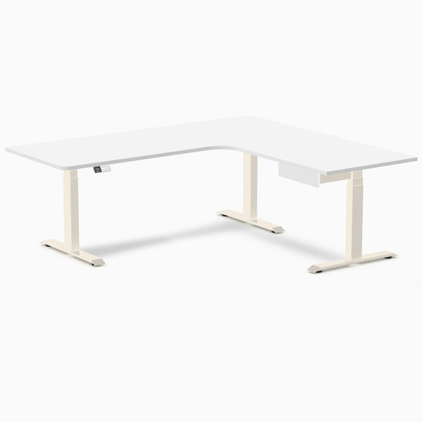 Desky L-Shape Melamine Standing Desk With Drawer, White desktop, Wheat frame