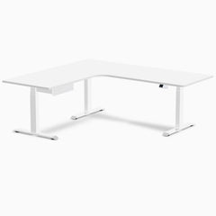 Desky L-Shape Melamine Standing Desk With Drawer, White desktop, White frame