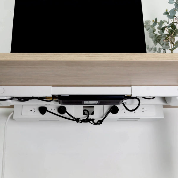 White mini cable and power tray for small Desky standing desks