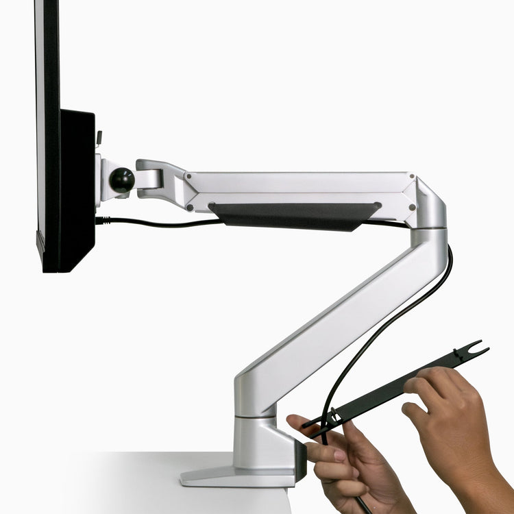 Single monitor arm for heavy monitors with cable management