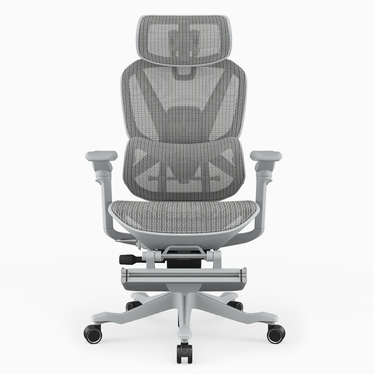 A gray ergonomic office chair with a mesh back, adjustable armrests, a headrest, and a five-wheel base, shown against a plain white background.