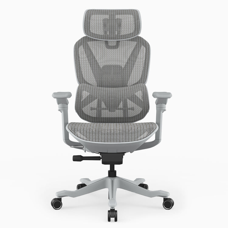A gray mesh ergonomic office chair with adjustable armrests, a five-star base, and black casters, shown against a plain white background.