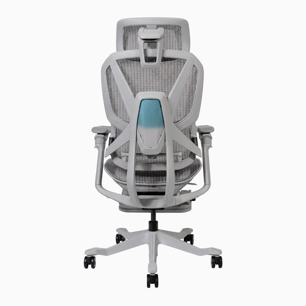 A modern gray mesh ergonomic office chair with a light gray frame, adjustable armrests, and a black five-star wheeled base