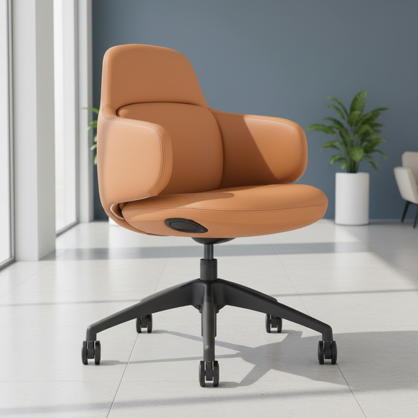 Brown office chair in a modern room with a plant and white furniture.