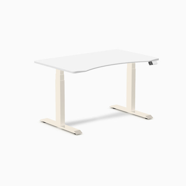 Desky Dual Ergo Edge Sit Stand Desk, White desktop, Wheat frame