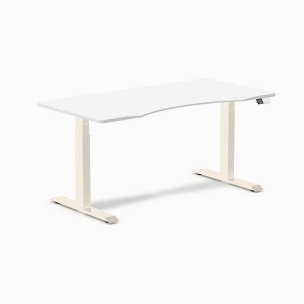 Desky Dual Ergo Edge Sit Stand Desk, White desktop, Wheat frame