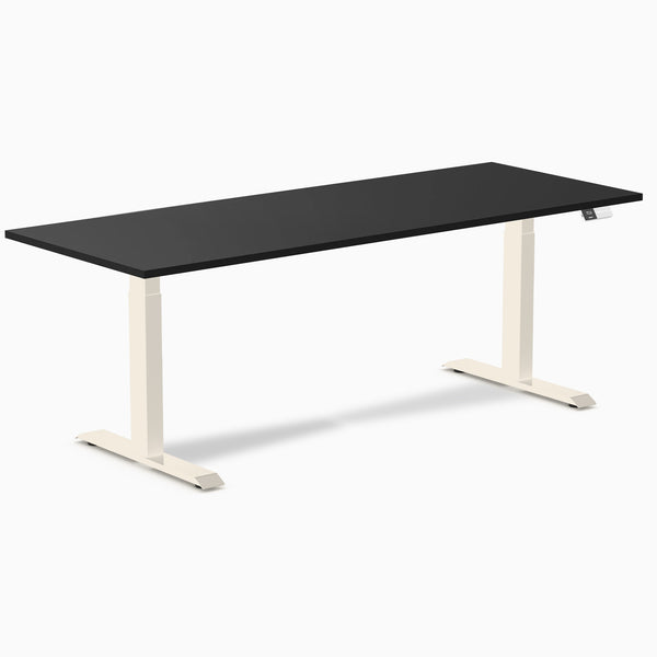 Desky Dual Melamine Sit Stand Desk, Black desktop, Wheat frame