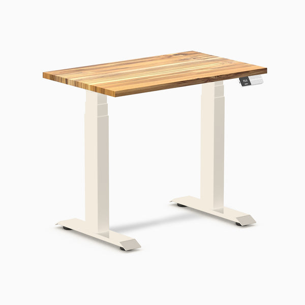 Desky Dual Mini Hardwood Sit Stand Desk, Teak desktop, Wheat frame