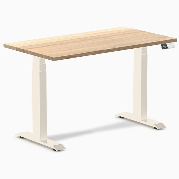 Desky Dual Mini Hardwood Sit Stand Desk, White Ash desktop, Wheat frame