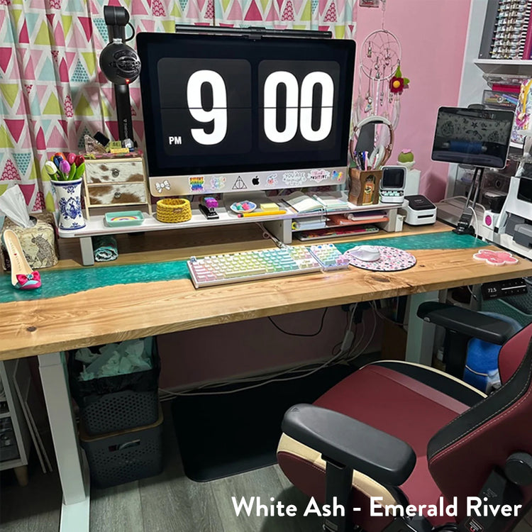 Desky fixed resin hardwood desk in emerald river setup