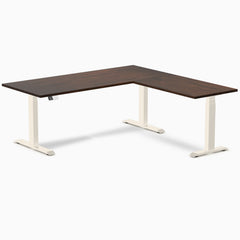 Desky Rubberwood L-Shape Sit Stand Desk, Dark Walnut desktop, Wheat frame