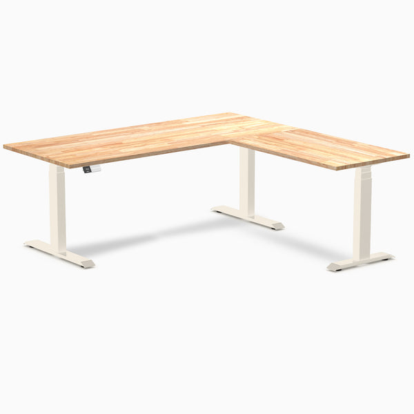 Desky Rubberwood L-Shape Sit Stand Desk, Natural Timber desktop, Wheat frame