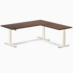 Desky Rubberwood L-Shape Sit Stand Desk, Red Walnut desktop, Wheat frame