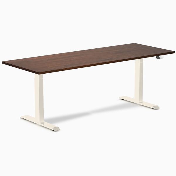 Desky Dual Rubberwood Sit Stand Desk, Red Walnut desktop, Wheat frame