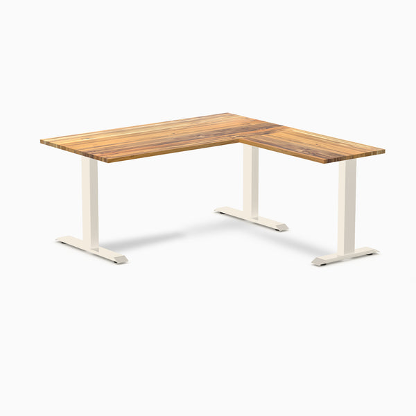 Desky Zero Hardwood L-Shape Office Desk, Teak desktop, Wheat frame