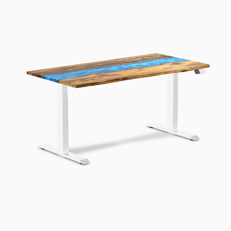 Almost Perfect Desky Dual Resin Hardwood Sit Stand Desk-Teak blue Desky®