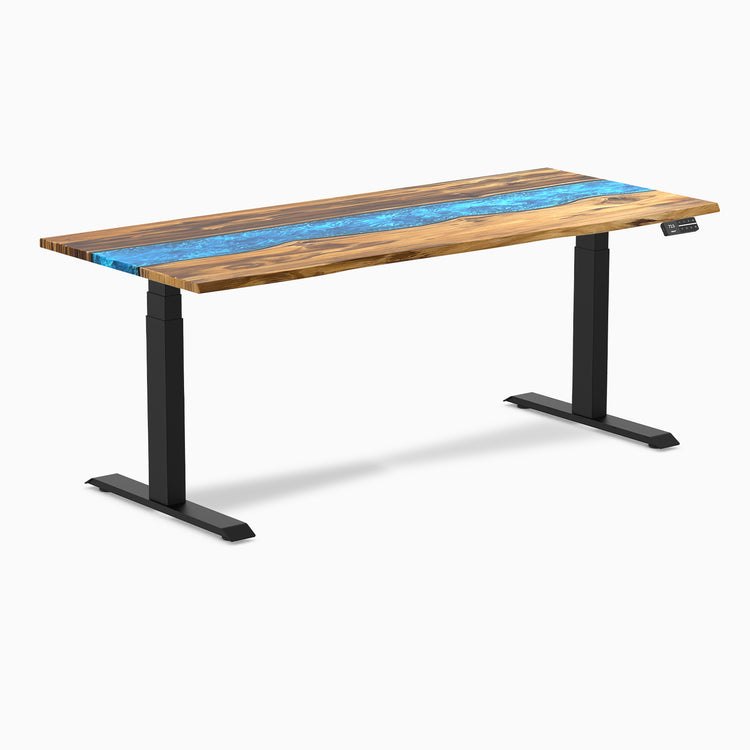 Almost Perfect Desky Dual Resin Hardwood Sit Stand Desk-Teak blue Desky®