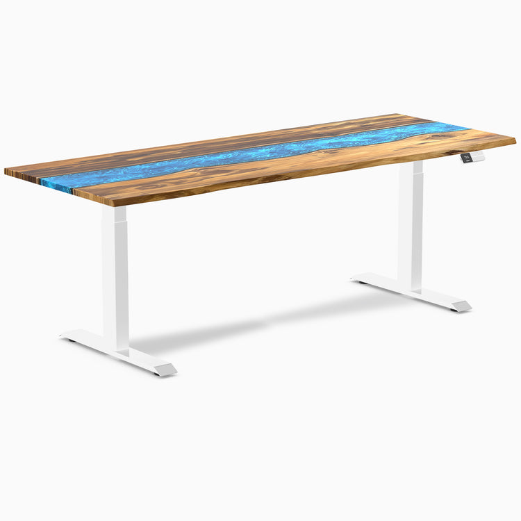 Almost Perfect Desky Dual Resin Hardwood Sit Stand Desk-Teak blue Desky®