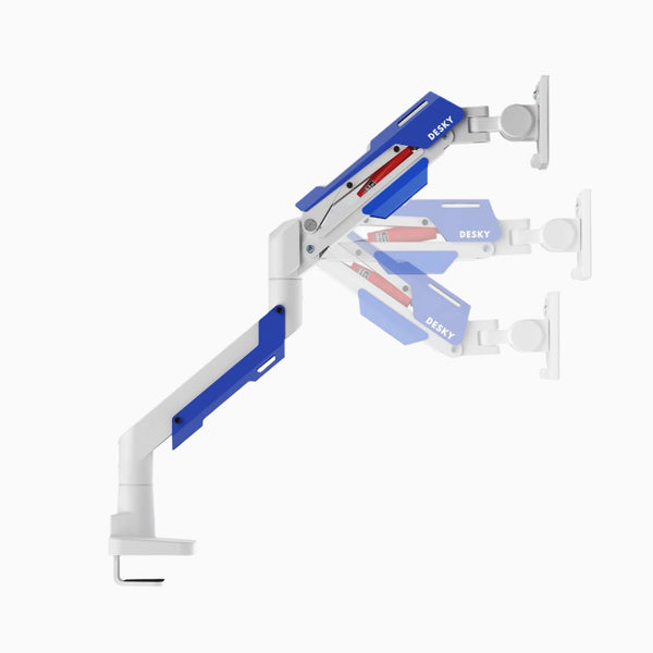 Blue and white ergonomic monitor arm - Desky Hercules