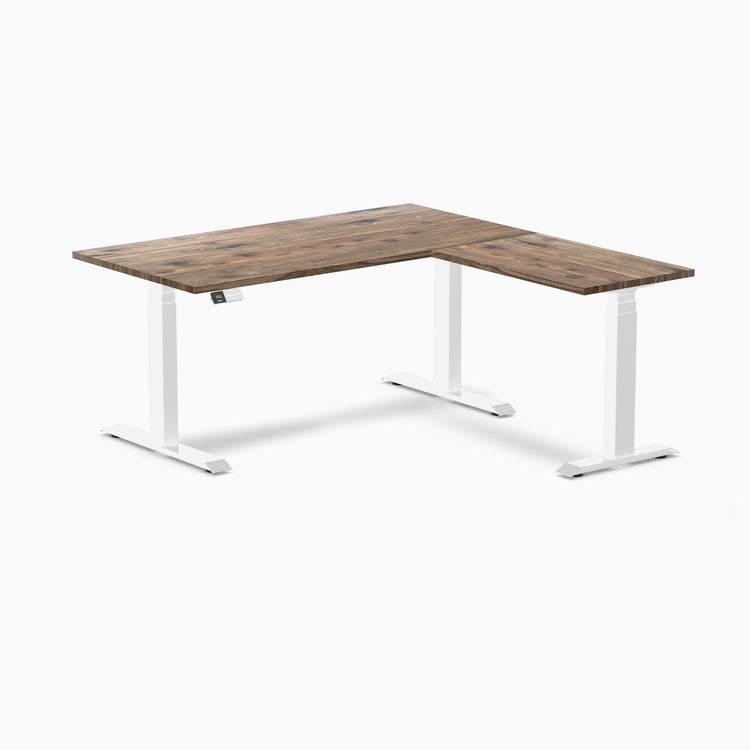 Electric l-shape hardwood sit stand desk natural walnut hardwood - Desky