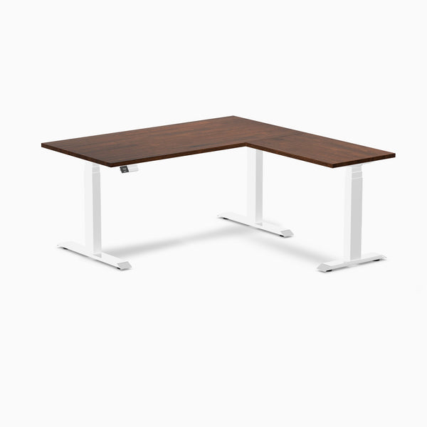 Electric L-shape standing desk in rubberwood red walnut - Desky
