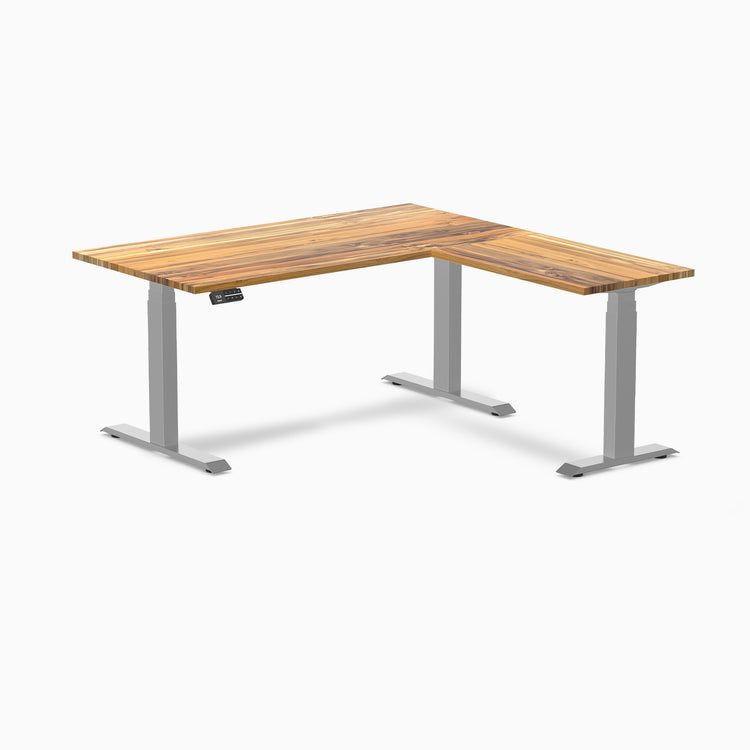 Electric l-shape hardwood sit stand desk teak hardwood - Desky