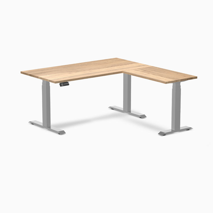 Electric l-shape hardwood sit stand desk white oak hardwood - Desky