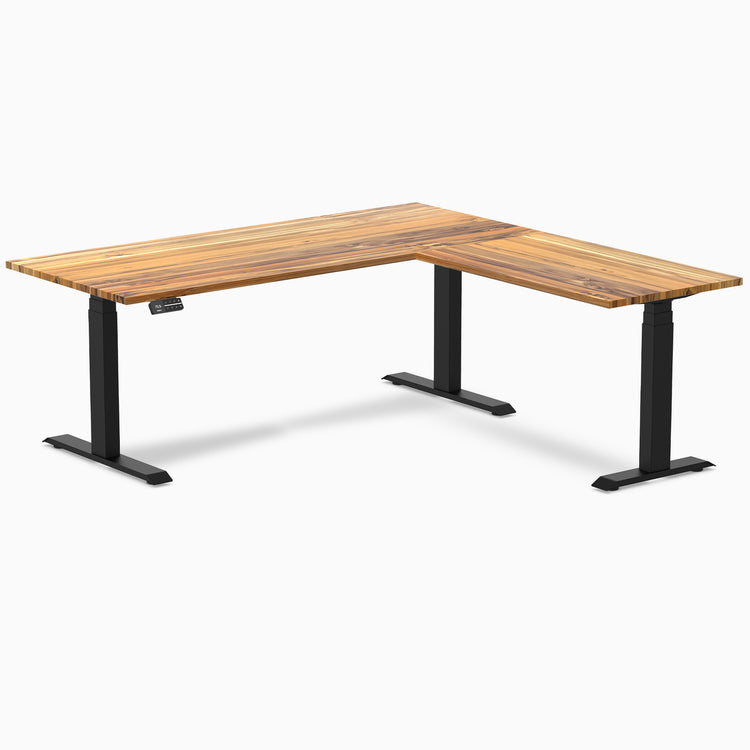 Electric l-shape hardwood sit stand desk teak hardwood - Desky