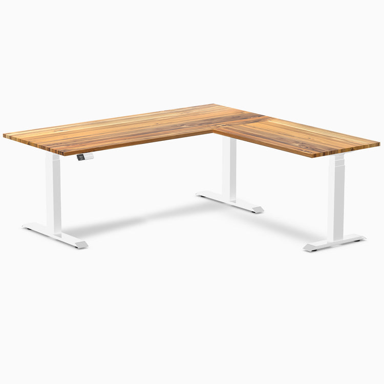 Electric l-shape hardwood sit stand desk teak hardwood - Desky